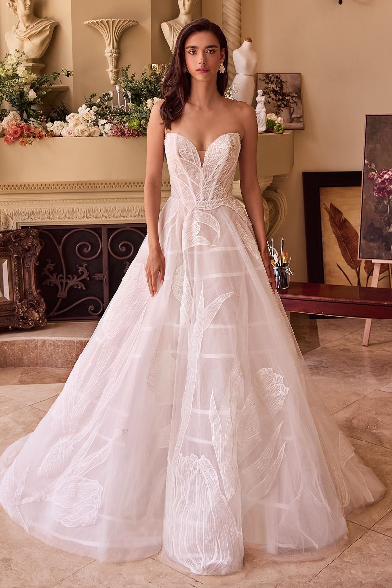 Strapless Floral Lace Embellihsed Off White Wedding Tulle Gown w/ Strapless Design CDWL043-0